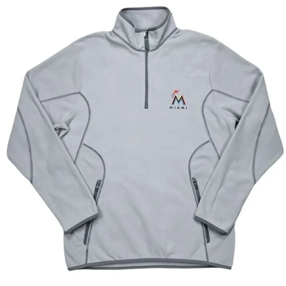 Antigua‎ Men's MLB Miami Marlins Grey Fleece Ice Pullover 1/4 Zip Size Medium